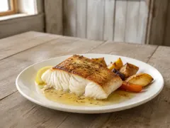 A thick fillet of white fish with a golden crust in a pool of lemon butter on a white plate, with roasted carrot and potato and a lemon wedge beside it.