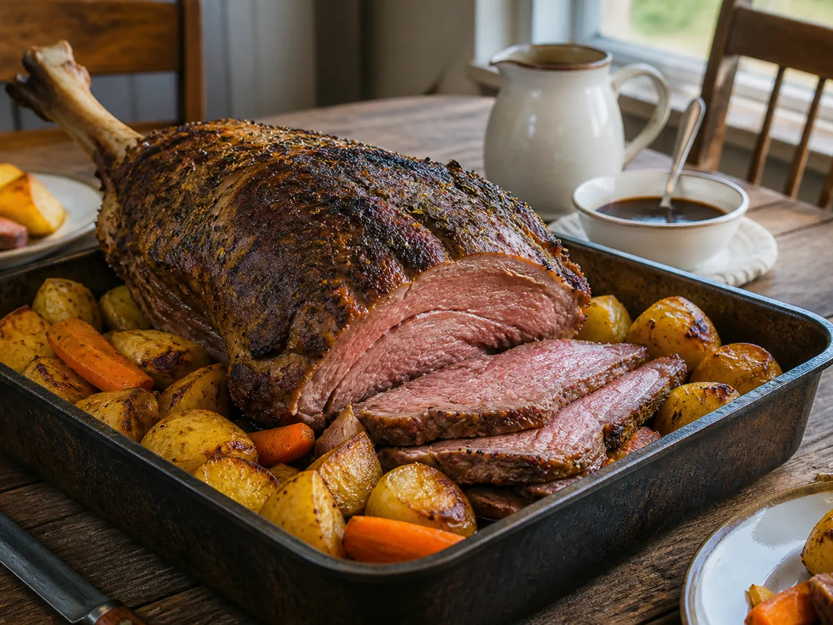 A roasted bone-in leg of lamb, part carved into pink slices, in a black roasting tin with browned potatoes and carrots, a gravy boat and a jug behind.