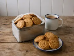 Golden crackle-topped ginger biscuits in a paper-lined tin and on a blue-rimmed enamel plate, with an enamel mug of tea behind.