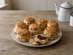 A plate of tall golden scones flecked with dark berries, one split and spread with butter and jam, with an enamel teapot and mug behind.