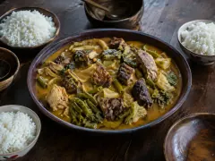 A broad earthenware bowl of orange awara stew crowded with smoked meats, chicken, fish, crab and green vegetables, with bowls of white rice around it.