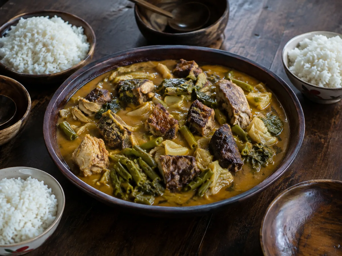 A broad earthenware bowl of orange awara stew crowded with smoked meats, chicken, fish, crab and green vegetables, with bowls of white rice around it.