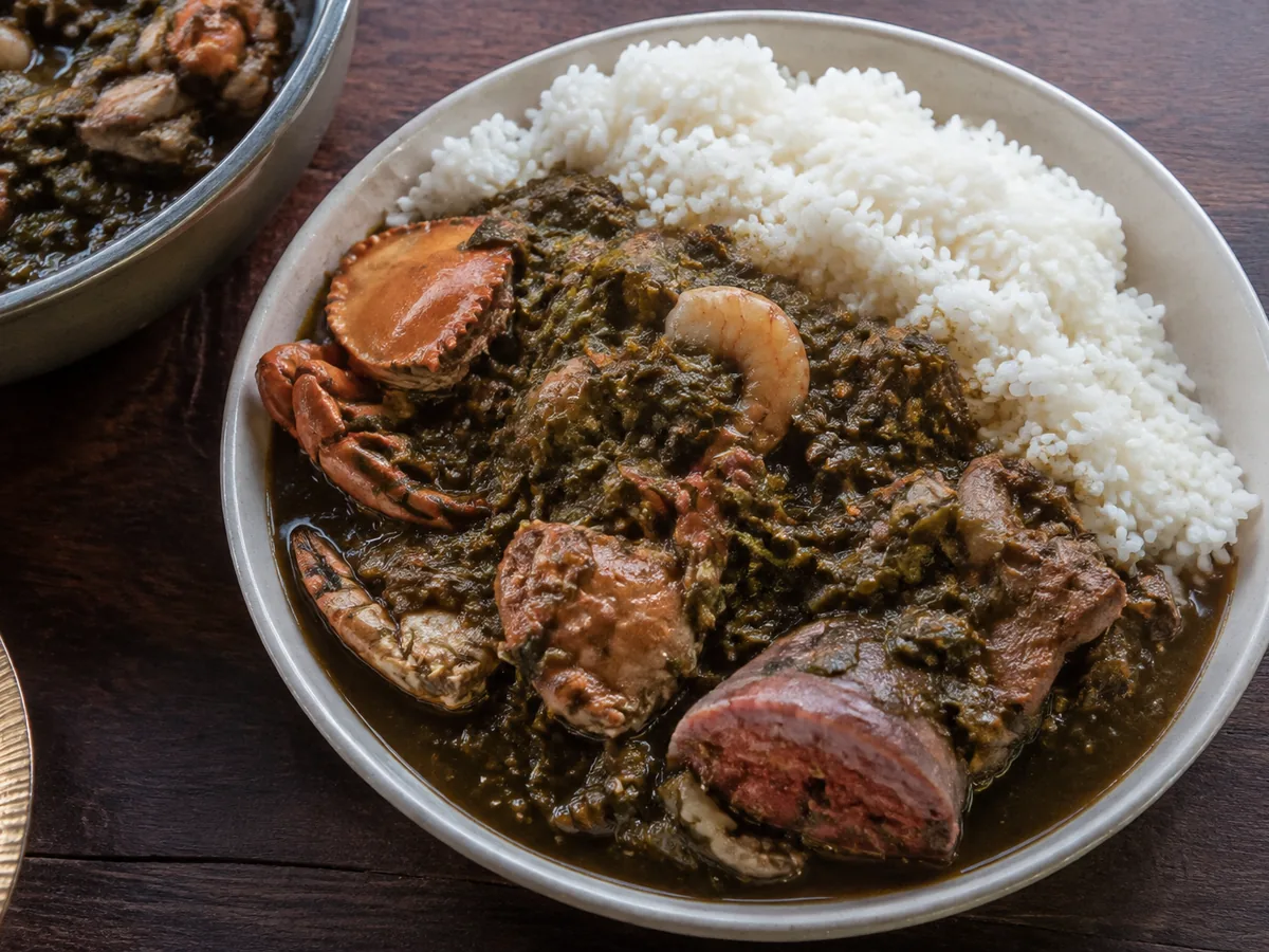 A dark green okra and leafy stew with crab, prawns, salted beef and smoked pork served beside white rice.
