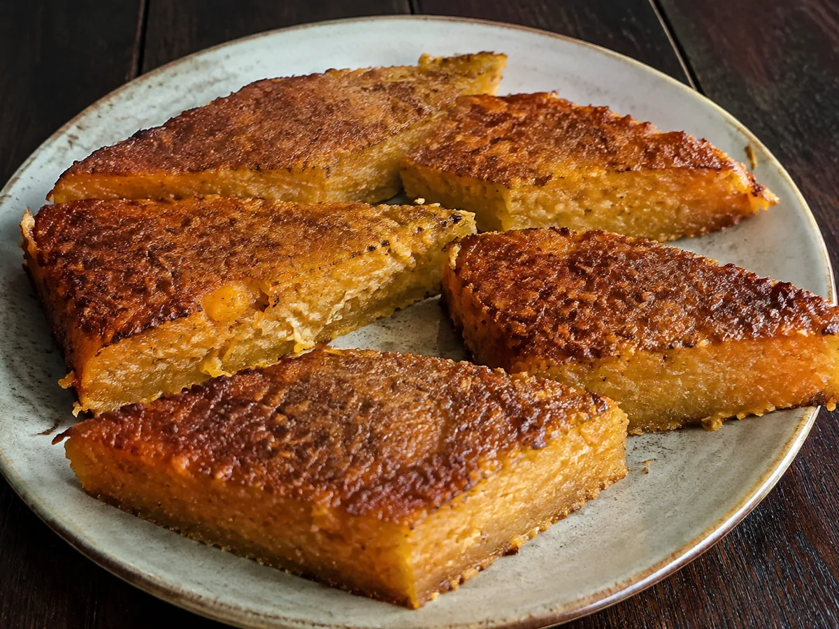 Dense caramel-brown wedges of sweet potato and coconut cake showing a moist golden interior on a rustic plate.