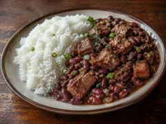Separate white rice and creamy red kidney beans with smoked pork pieces, cive and thyme on a rustic plate.