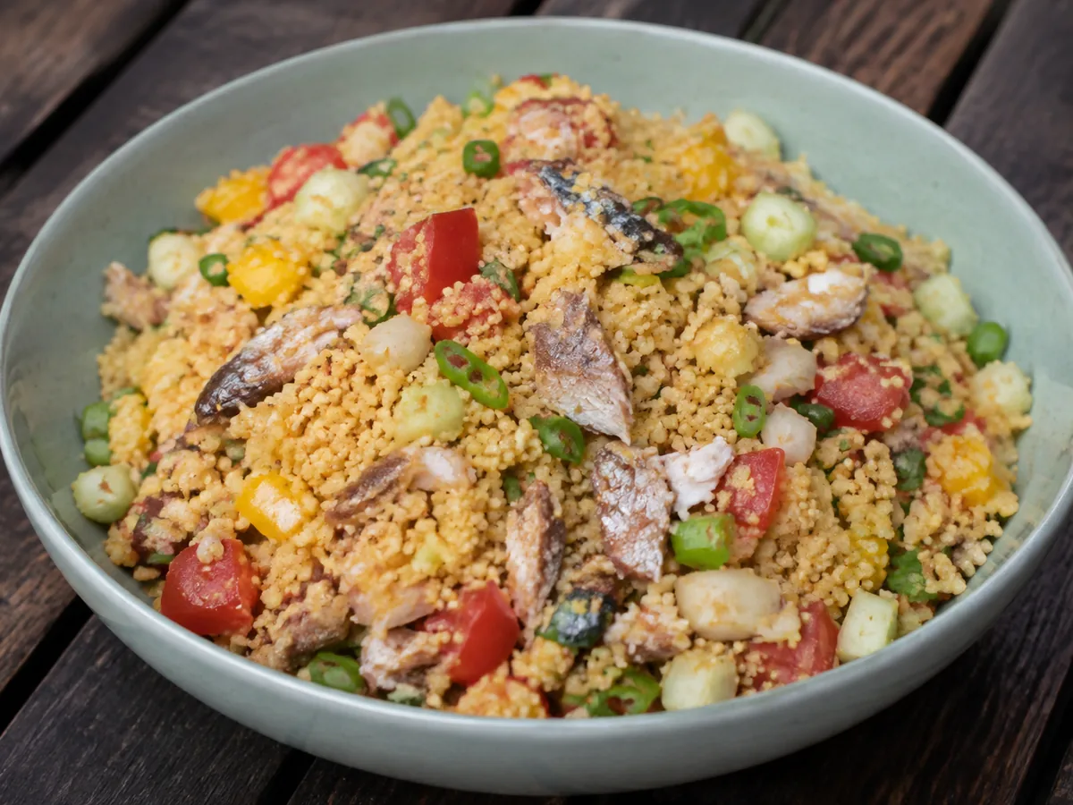 Golden toasted cassava grains tossed with cucumber, tomato, red onion, peppers, herbs and flakes of smoked fish in a pale bowl.