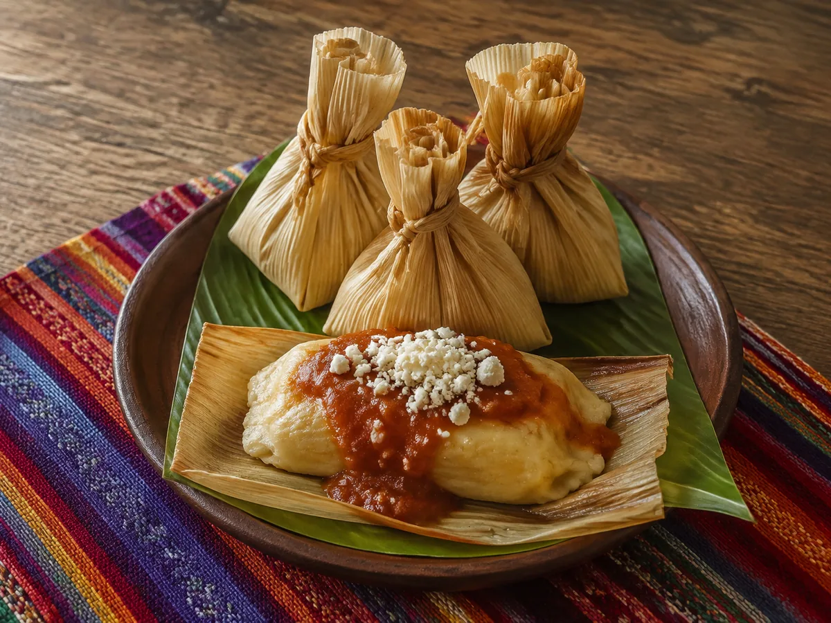 Three corn-husk parcels tied at the top like little sacks on a green leaf, beside one unwrapped pale yellow masa dumpling topped with red tomato sauce and crumbled white cheese, on a striped woven cloth.