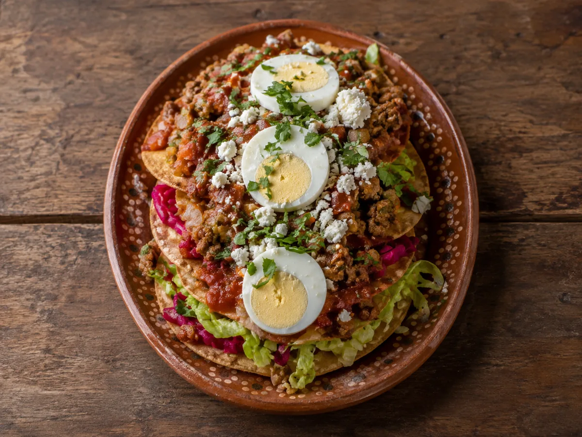 A painted terracotta plate holding stacked crisp corn tostadas topped with minced beef, red salsa, shredded lettuce, magenta pickled vegetables, three slices of hard-boiled egg, crumbled white cheese and chopped herbs.