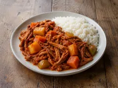 A pale ceramic plate of long shredded beef in glossy red sauce with cubes of potato, orange carrot coins and pale green squash, beside a mound of white rice, on a wooden table.