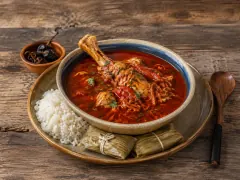 A wide bowl of brilliant crimson broth with a turkey drumstick standing up out of it and shredded meat below the surface, on a platter with a mound of white rice and two leaf-wrapped tamalitos, beside a small dish of dried chillies.
