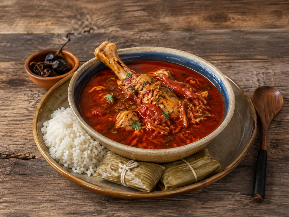 A wide bowl of brilliant crimson broth with a turkey drumstick standing up out of it and shredded meat below the surface, on a platter with a mound of white rice and two leaf-wrapped tamalitos, beside a small dish of dried chillies.