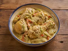 A blue-rimmed ceramic bowl of chicken drumsticks and thighs in a pale ivory cream sauce scattered with slender green flower buds and strips of red pepper, on a rough wooden table.