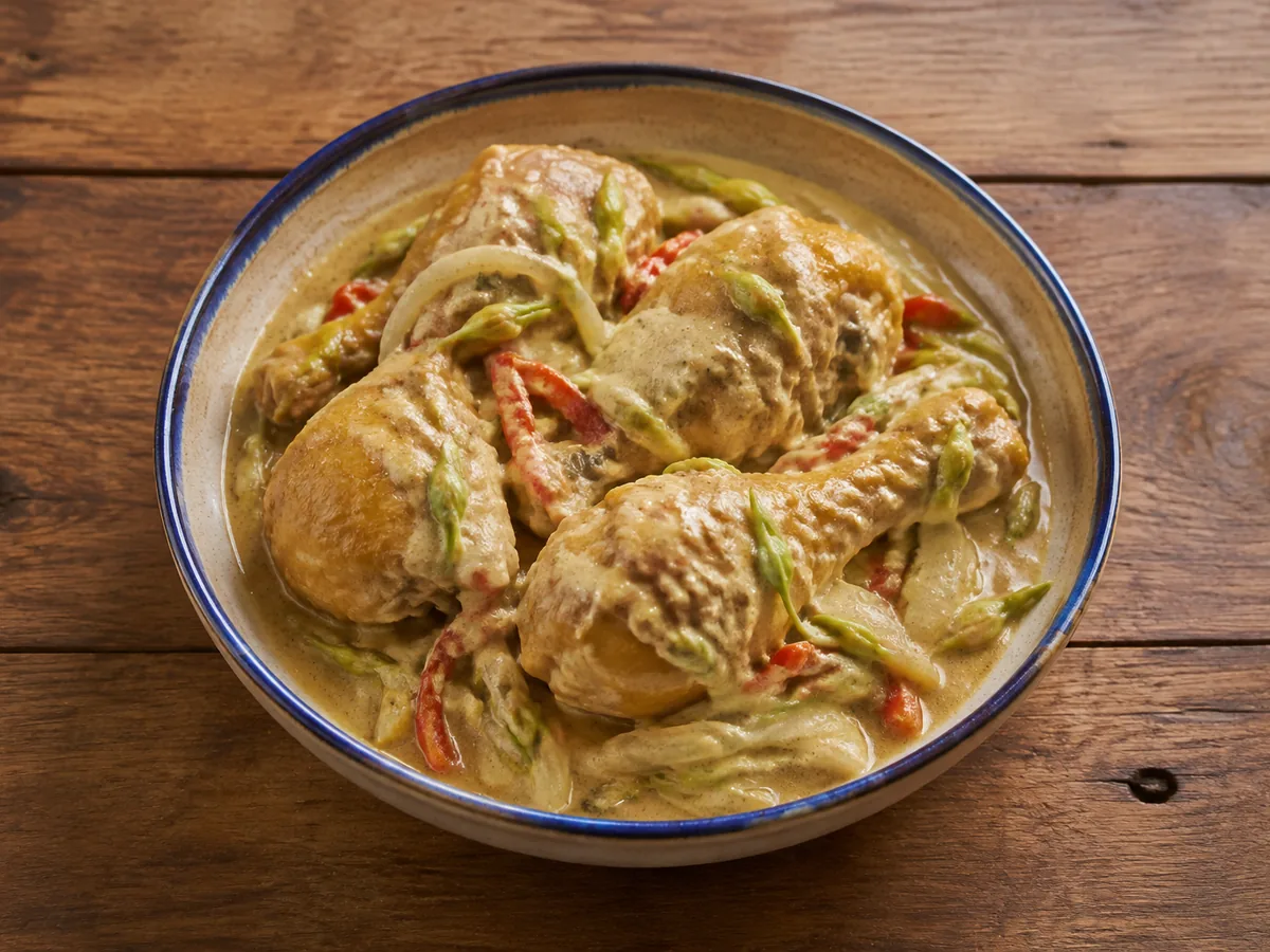 A blue-rimmed ceramic bowl of chicken drumsticks and thighs in a pale ivory cream sauce scattered with slender green flower buds and strips of red pepper, on a rough wooden table.