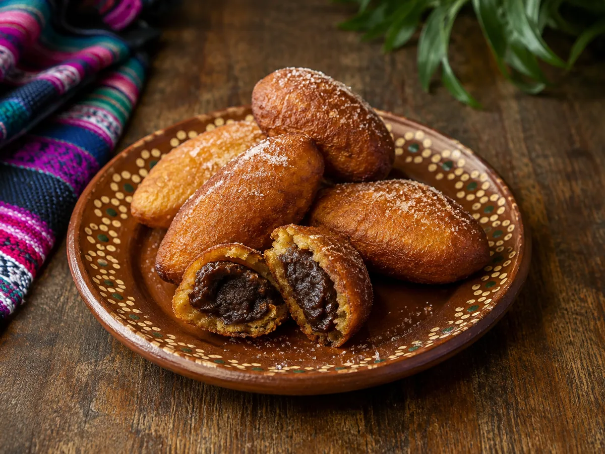 A painted terracotta plate of golden-brown oval fried croquettes dusted with sugar, two broken open to show a dark glossy bean-and-chocolate filling, with a striped woven cloth alongside.