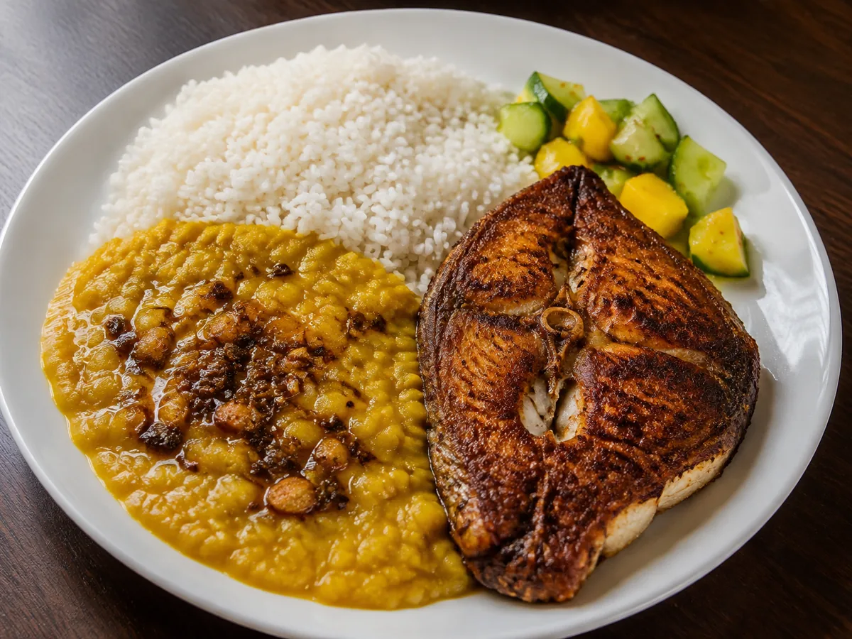 A plate of yellow dhal with fried garlic and cumin, white rice, a crisp fried fish steak and a cucumber and mango side.