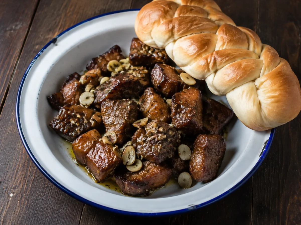 Cubes of deeply browned garlic pork scattered with sliced garlic on an enamel plate, with a braided bread roll alongside.