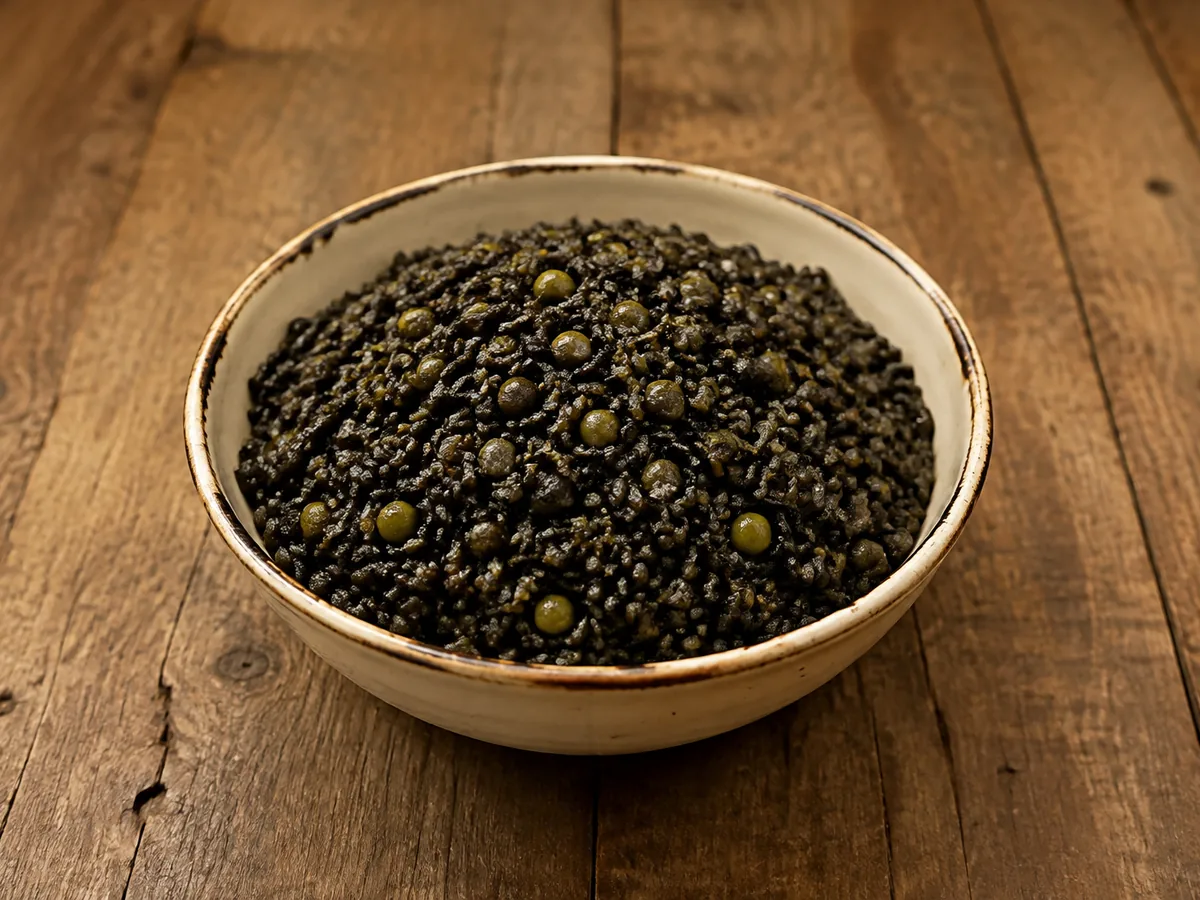 A rustic cream-rimmed bowl heaped with glistening jet-black rice studded with bright green peas, on a dark wooden table.