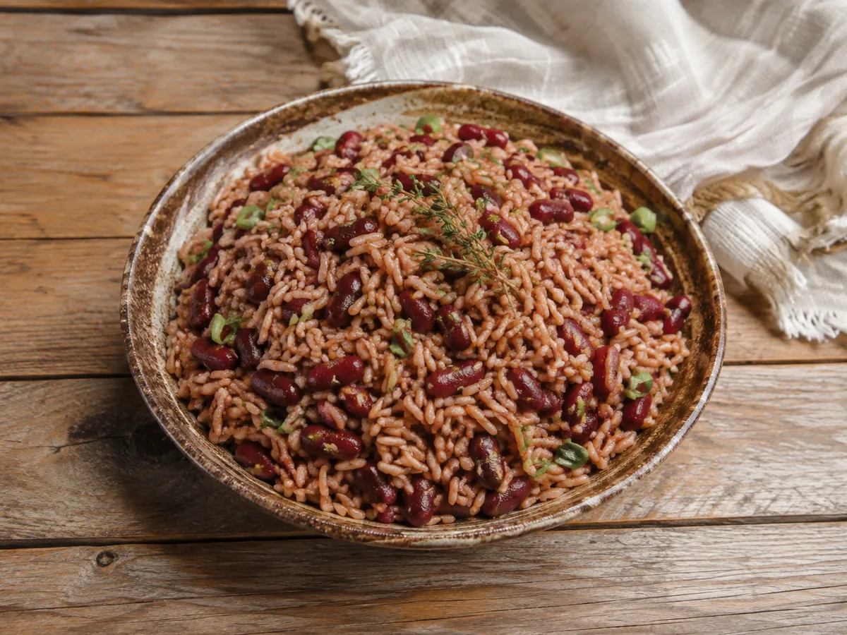 A rustic bowl of rosy-brown rice studded with whole dark red kidney beans and flecks of green scallion, topped with a sprig of thyme, on a wooden table.
