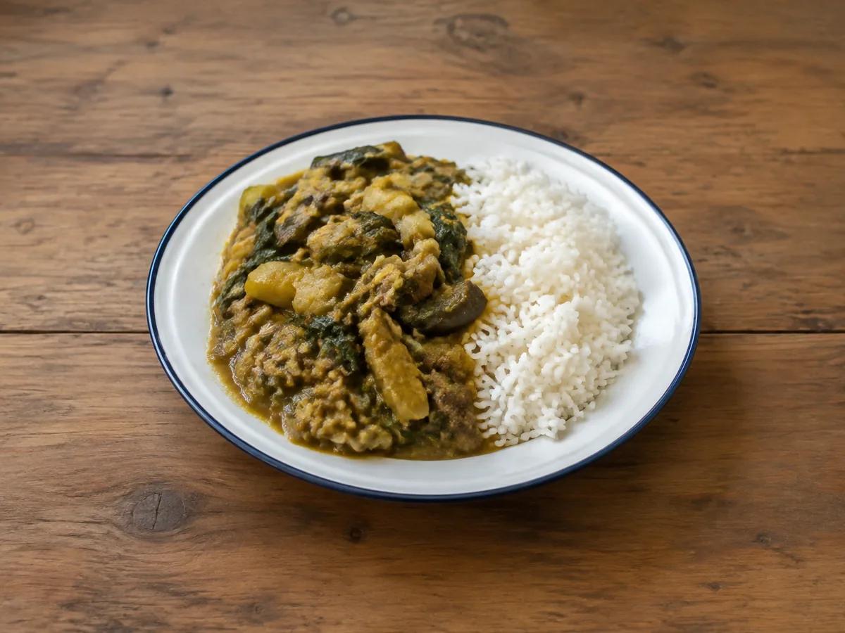 A blue-rimmed white plate half filled with a thick dark green-bronze vegetable and beef stew and half with plain white rice, on a wooden table.