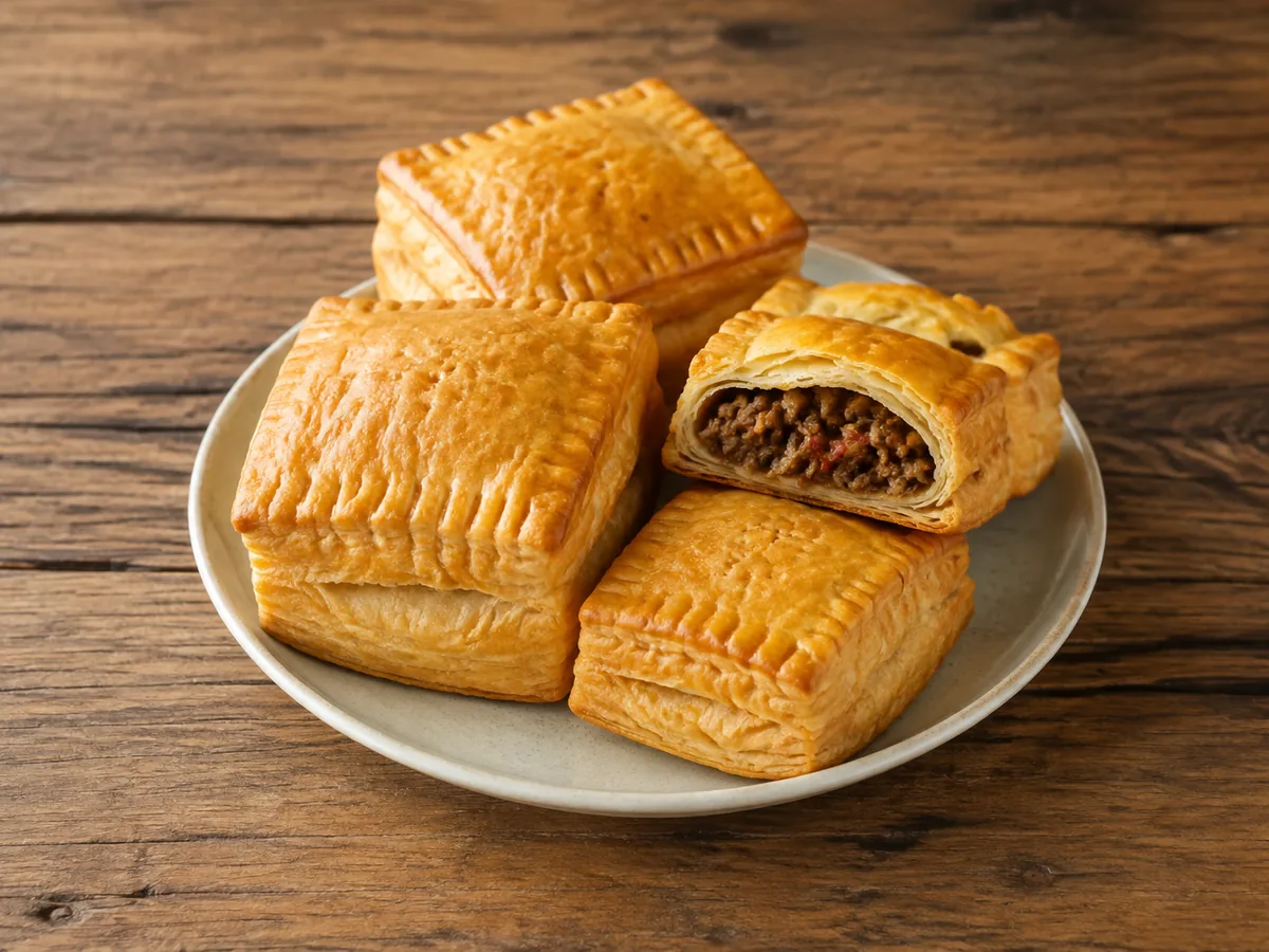 Four golden puff-pastry parcels with crimped edges on a pale ceramic plate, one cut open to reveal a dark spiced ground-beef filling inside visible flaky layers.
