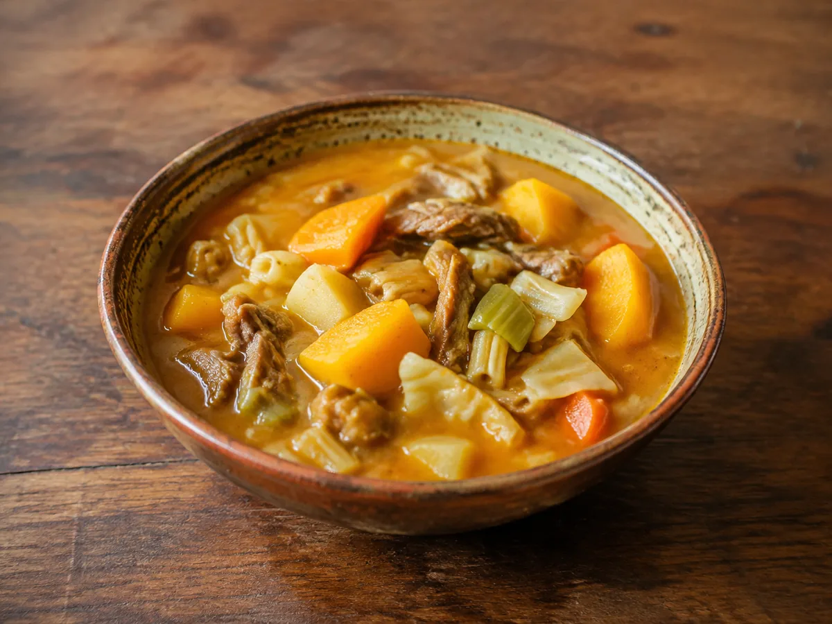 A rustic glazed bowl of thick golden-yellow soup holding chunks of beef, orange squash, carrot, celery and short ridged pasta, on a dark wooden table.