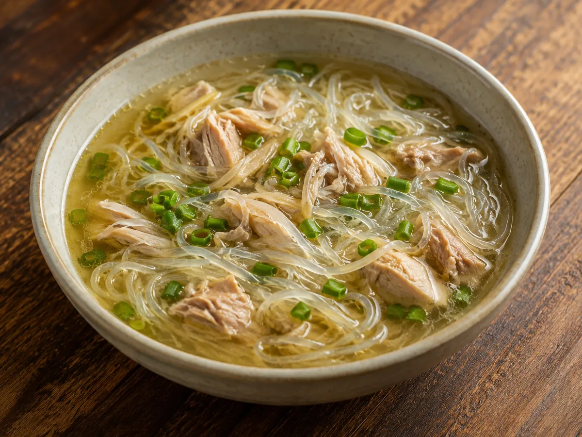 A bowl of clear golden broth full of translucent glass noodles and shredded chicken, scattered with sliced green scallion.