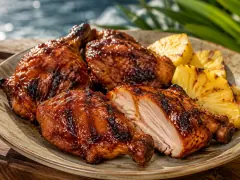 Glossy mahogany grilled chicken pieces with dark char marks and grilled pineapple wedges on a plate, by the sea.