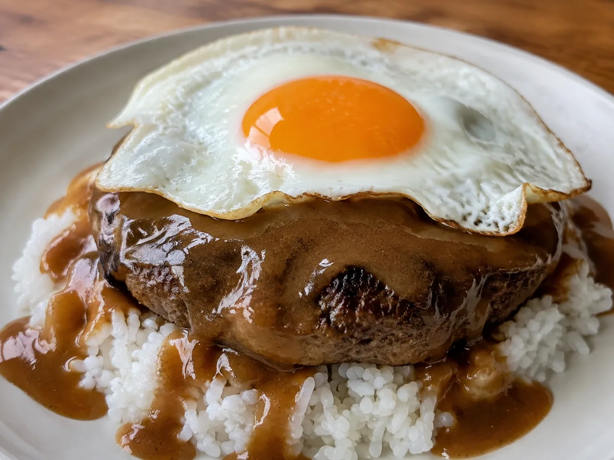 A fried egg with a bright orange yolk on a beef patty draped in dark brown gravy over a mound of white rice.