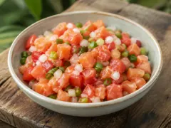 A bowl of coral salmon shreds tossed with diced red tomato, white onion and green scallion, glistening and cold.