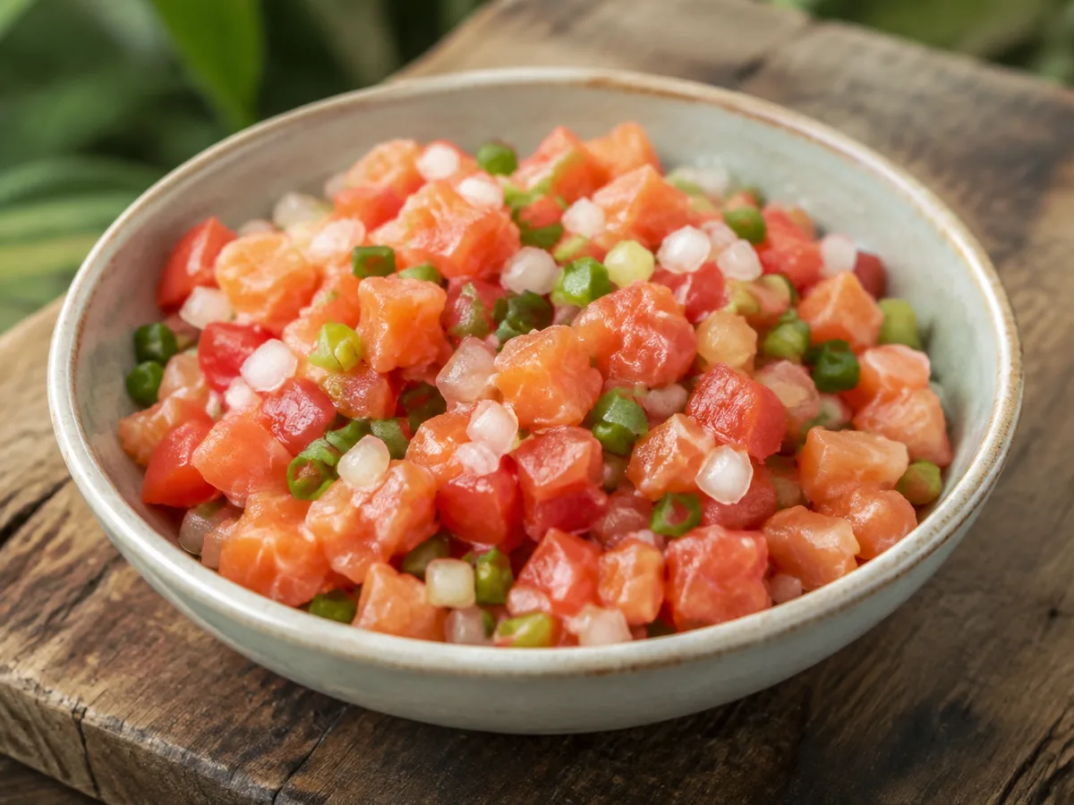A bowl of coral salmon shreds tossed with diced red tomato, white onion and green scallion, glistening and cold.