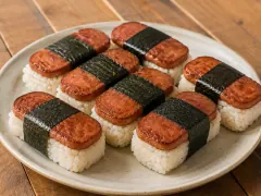 Eight Spam musubi on a plate, each a block of white rice topped with a glazed brown slice of Spam and wrapped in a band of dark nori.