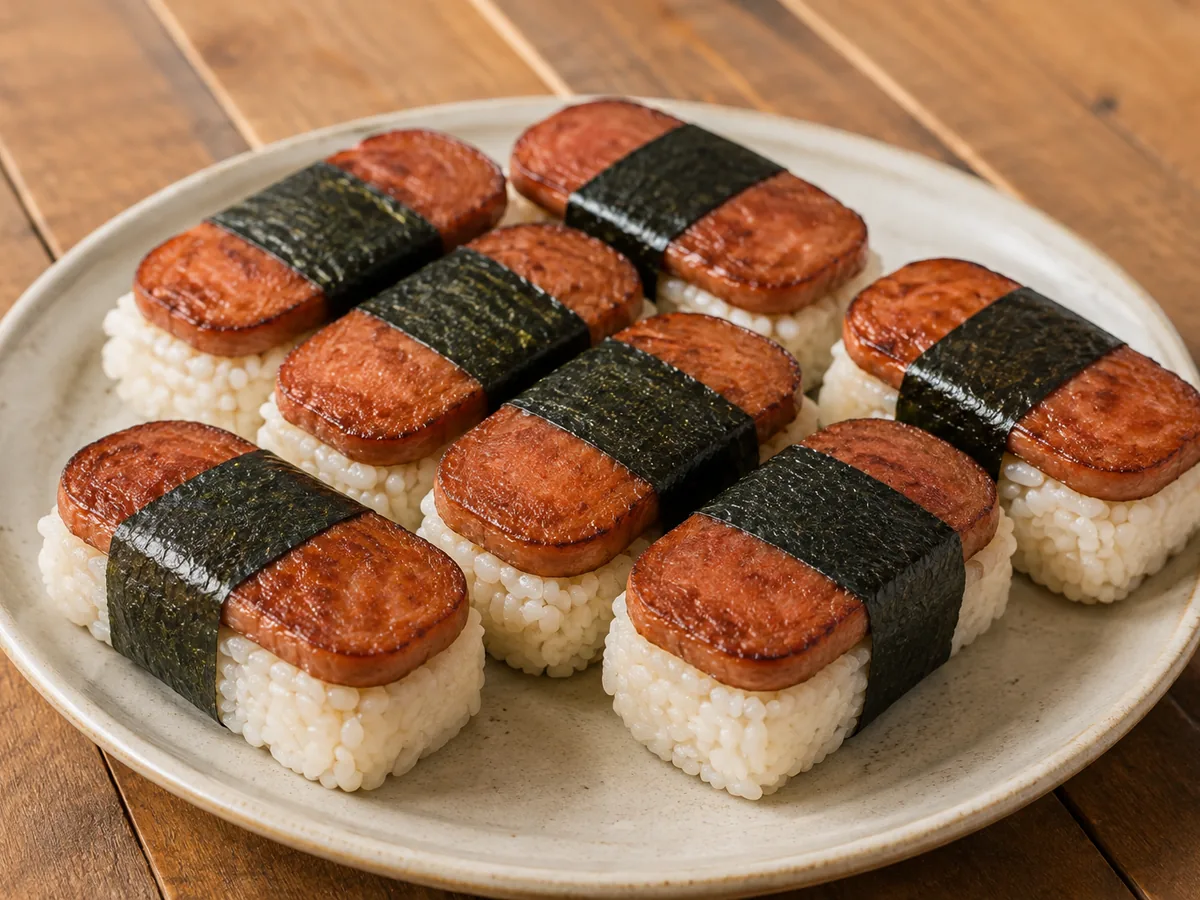 Eight Spam musubi on a plate, each a block of white rice topped with a glazed brown slice of Spam and wrapped in a band of dark nori.