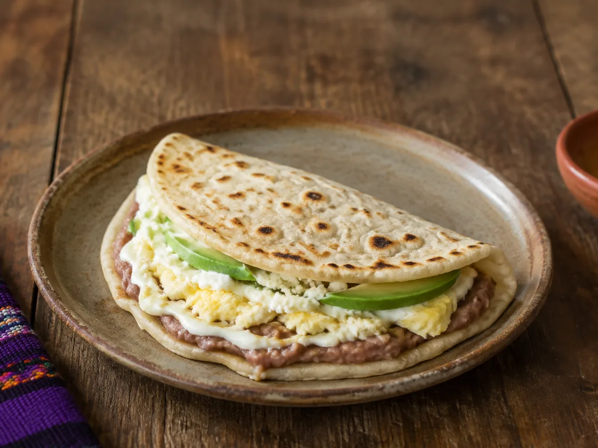 A large folded flour tortilla with pale golden blisters on a stoneware plate, its open side showing dark refried beans, white cream, scrambled egg, crumbled cheese and green avocado slices.