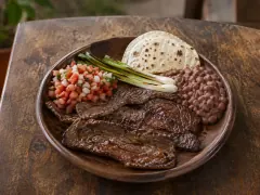 A dark wooden platter of charred sliced steak with grilled whole spring onions, chopped tomato and onion salsa, refried beans and a warm corn tortilla.