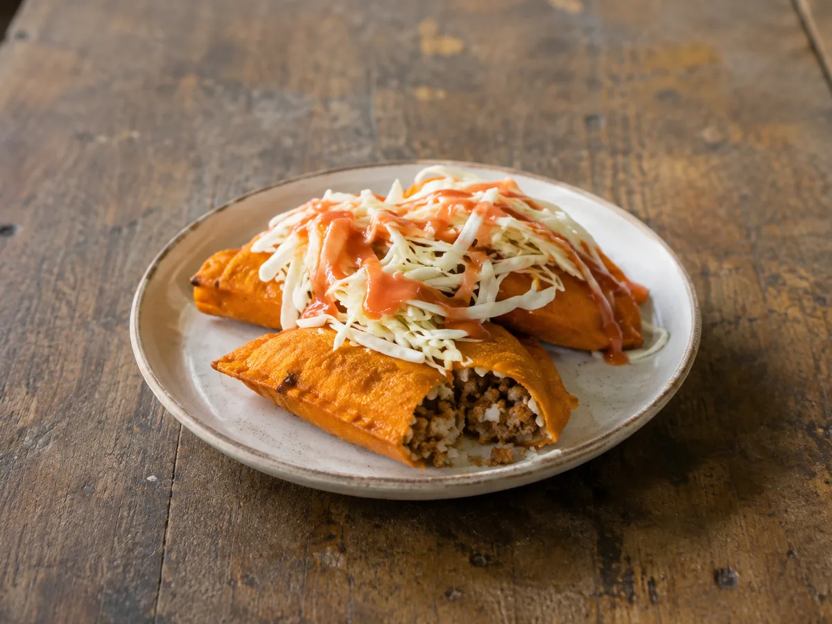 Two orange fried corn turnovers on a speckled plate, one split to show a ground-beef and rice filling, the other buried under shredded cabbage and red sauce.