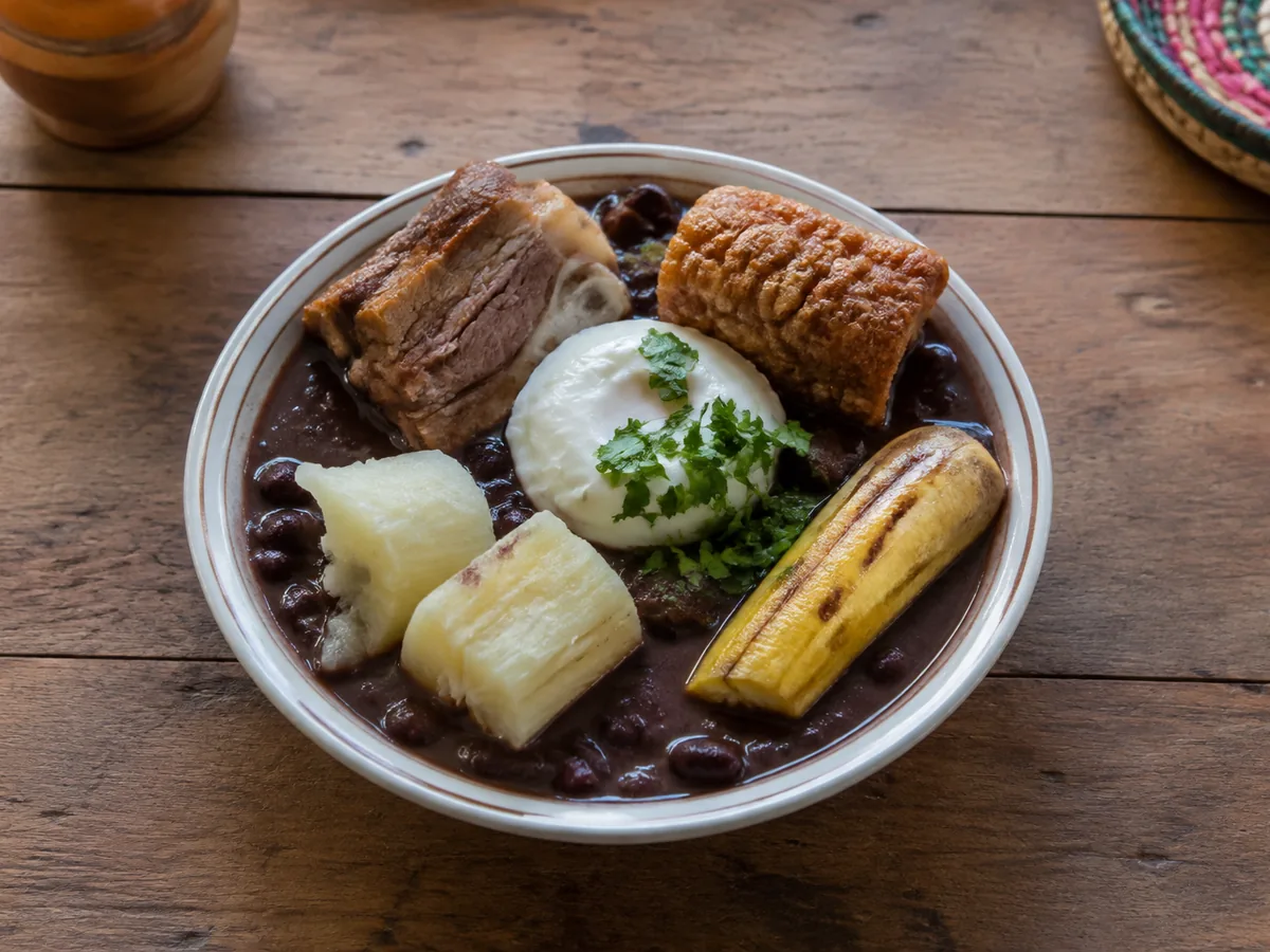 A rimmed bowl of dark reddish-brown bean soup holding whole beans, a piece of pork belly, a golden crackling, chunks of white cassava, a fried plantain and a spoonful of cream topped with cilantro.