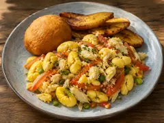 A skillet of pale yellow ackee lobes folded with white flakes of salt cod, red bell pepper strips, sliced scallion and diced tomato, glossy with coconut oil.