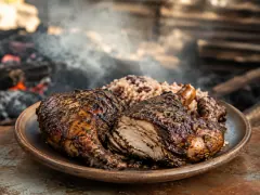 Chopped jerk chicken leg quarters with dark, blistered, spice-crusted skin piled on a board over a grill, with wisps of smoke and lime halves beside them.
