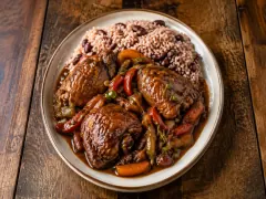 Mahogany-coloured pieces of bone-in chicken in a thick brown gravy with red and green pepper dice and carrot coins, with rice and peas alongside.