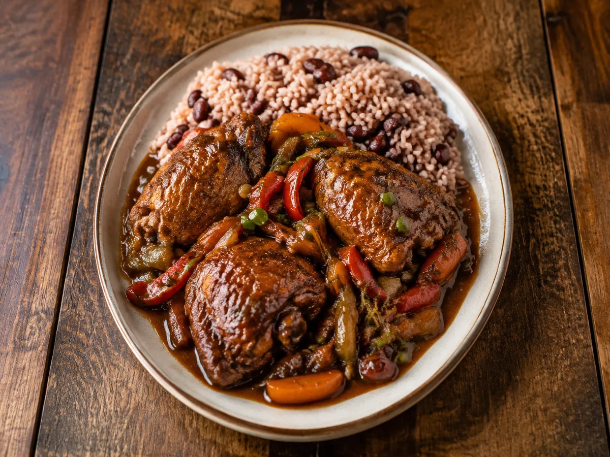 Mahogany-coloured pieces of bone-in chicken in a thick brown gravy with red and green pepper dice and carrot coins, with rice and peas alongside.