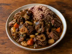 Tender oxtail rounds in a deep mahogany gravy with cream-coloured butter beans and carrot coins, served over white rice in a wide bowl.