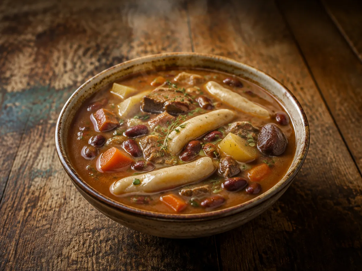 A deep bowl of thick burgundy-red bean soup holding chunks of yellow yam, green plantain rounds, pieces of meat and pale tapered flour spinners.