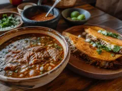 A glazed bowl of dark red consomé with chunks of braised meat, onion and cilantro, next to a plate of two folded griddled tacos filled with meat and melted cheese, with salsa in a stone mortar and limes behind.