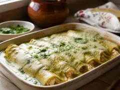 A pale baking dish of rolled corn tortillas under bubbling green sauce and melted cheese, scattered with cilantro, beside a bowl of chopped cilantro and a clay jug.