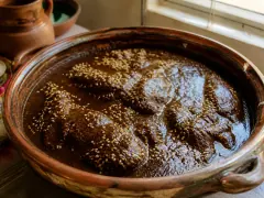 Chicken pieces half-submerged in dark mahogany mole in a glazed clay cazuela, scattered with sesame seeds, a clay jug behind them in window light.