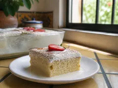 A square of pale tres leches cake on a small plate, topped with whipped cream, a dusting of cinnamon and half a strawberry, with a little milk pooled around the base and the rest of the cake in its glass dish behind.