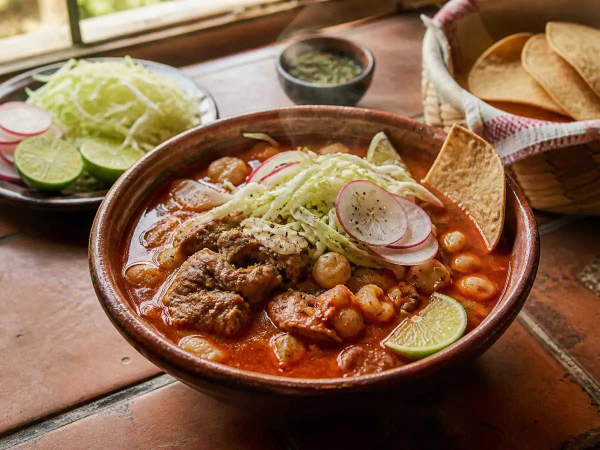 A clay bowl of red pozole with hominy and pork chunks, topped with shredded cabbage, radish slices, a lime wedge and a tostada, beside a plate of garnishes and a basket of tostadas.