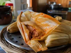 Folded corn-husk tamales on a steamer rack in a woven basket, the husks stained orange by the chile, one opened to show red-tinted masa around a darker pork filling, with a clay olla behind.