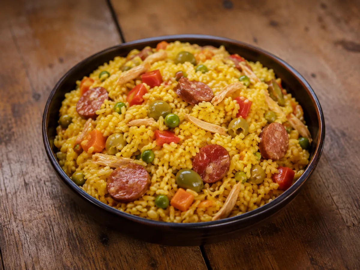 A dark bowl of golden-yellow rice studded with sliced red sausage, shredded chicken, green olives, peas, diced carrot and red pepper, on a wooden table.