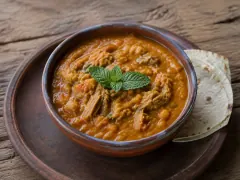 A dark glazed bowl of thick golden-orange stew threaded with shredded beef, topped with a sprig of fresh mint, beside a warm corn tortilla on a wooden board.